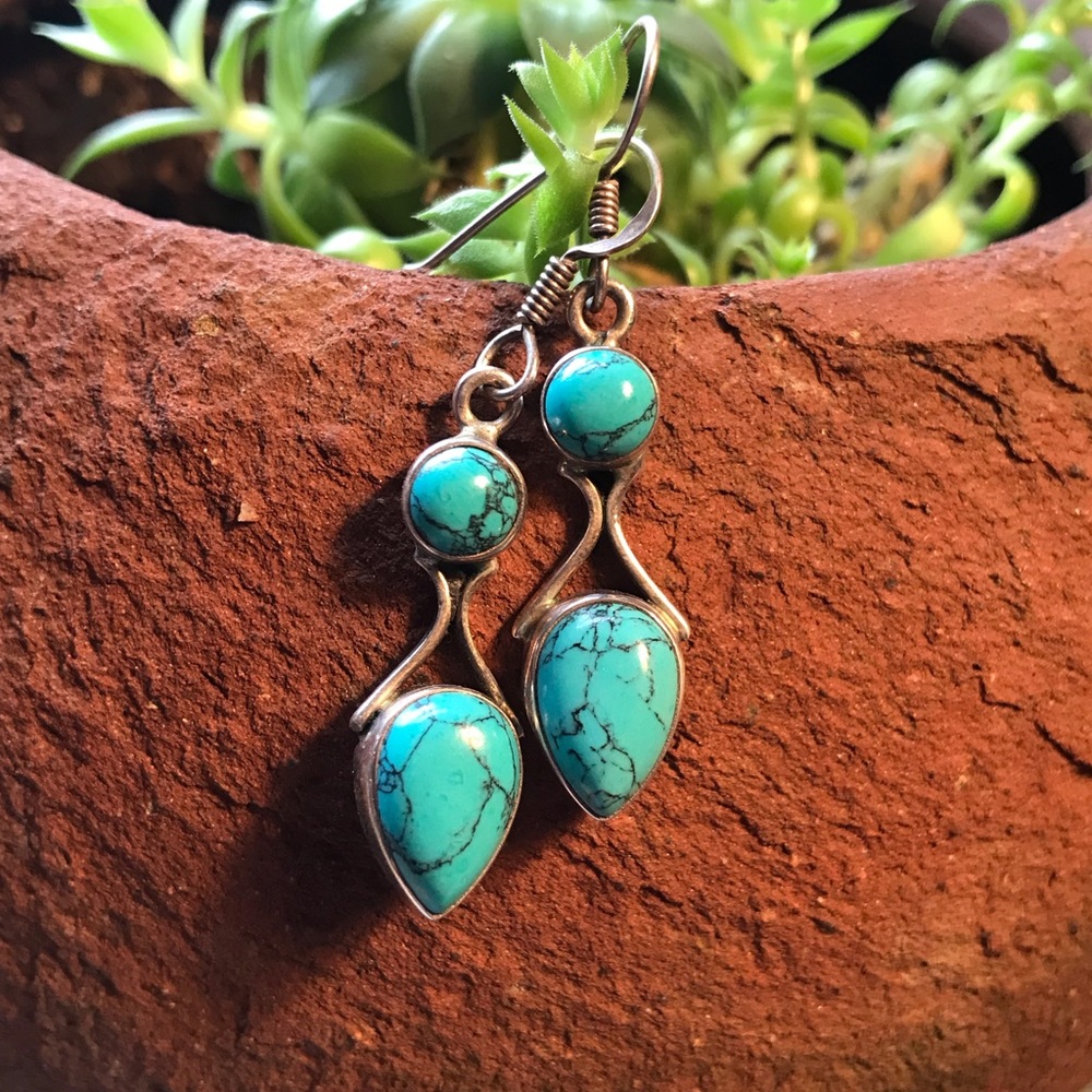 Handcrafted Turquoise and Silver Drop Earrings